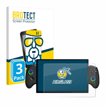Front side of a product packaging with the brand logo BROTECT. Next to it is the device OneXPlayer X1 shown with the correspon