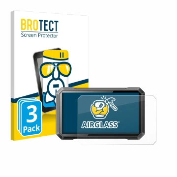 Front side of a product packaging with the brand logo BROTECT. Next to it is the device Ricoel Motorcycle CarPlay C7 II shown 