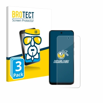 Front side of a product packaging with the brand logo BROTECT. Next to it is the device Motorola G34 5G shown with the corresp