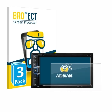 Front side of a product packaging with the brand logo BROTECT. Next to it is the device Alpine INE-W611D shown with the corres