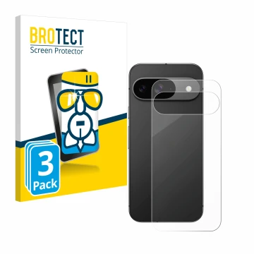 Front side of a product packaging with the brand logo BROTECT. Next to it is the device Google Pixel 9 (Back) shown with the c