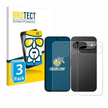 Front side of a product packaging with the brand logo BROTECT. Next to it is the device Google Pixel 9 (Front+Back) shown with