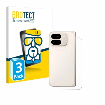 Front side of a product packaging with the brand logo BROTECT. Next to it is the device Google Pixel 9 Pro Fold (Back) shown w
