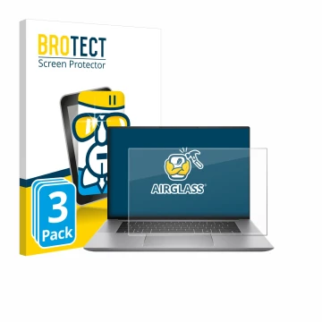 Front side of a product packaging with the brand logo BROTECT. Next to it is the device HP Zbook Studio 16 G11 shown with the 