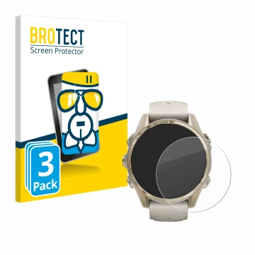 Front side of a product packaging with the brand logo BROTECT. Next to it is the device Garmin Fenix 8 (43 mm) shown with the 