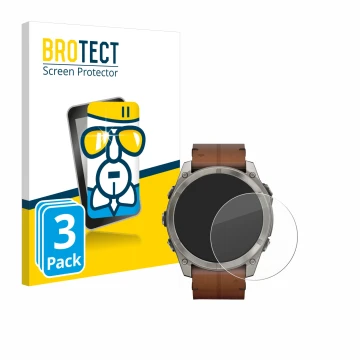 Front side of a product packaging with the brand logo BROTECT. Next to it is the device Garmin Fenix 8 AMOLED (51 mm) shown wi