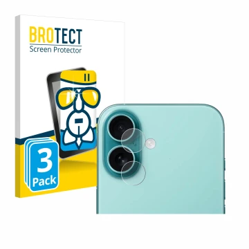 Front side of a product packaging with the brand logo BROTECT. Next to it is the device Apple iPhone 16 (ONLY Camera Lens) sho