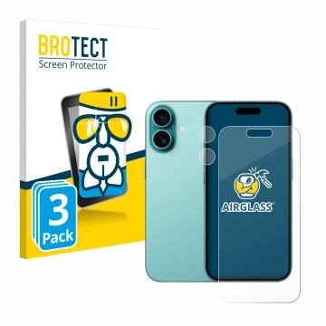 Front side of a product packaging with the brand logo BROTECT. Next to it is the device Apple iPhone 16 (Front+Camera) shown w