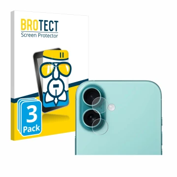Front side of a product packaging with the brand logo BROTECT. Next to it is the device Apple iPhone 16 Plus (ONLY Camera Lens