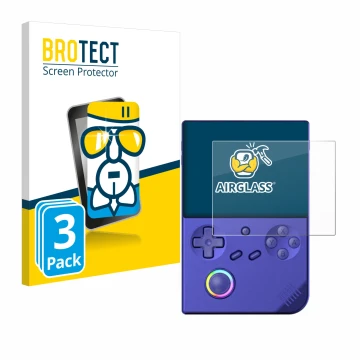 Front side of a product packaging with the brand logo BROTECT. Next to it is the device Anbernic RG40XXV shown with the corres