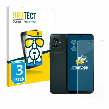 Front side of a product packaging with the brand logo BROTECT. Next to it is the device Motorola Moto G55 (Front+Camera) shown