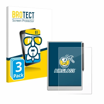 Front side of a product packaging with the brand logo BROTECT. Next to it is the device reMarkable Paper Pro shown with the co