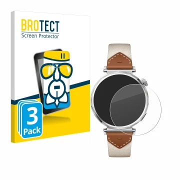 Front side of a product packaging with the brand logo BROTECT. Next to it is the device Huawei Watch GT 5 (41 mm) shown with t
