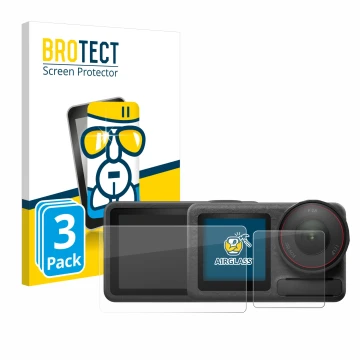 Front side of a product packaging with the brand logo BROTECT. Next to it is the device DJI Osmo Action 5 Pro shown with the c