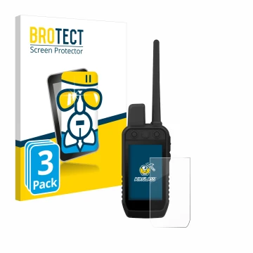 Front side of a product packaging with the brand logo BROTECT. Next to it is the device Garmin Alpha 300 K shown with the corr