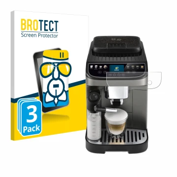 Front side of a product packaging with the brand logo BROTECT. Next to it is the device DeLonghi Magnifica Evo Next shown with