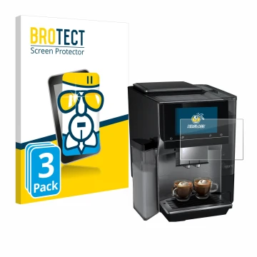 Front side of a product packaging with the brand logo BROTECT. Next to it is the device Siemens EQ700 shown with the correspon