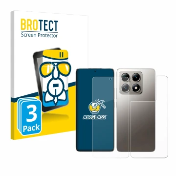 Front side of a product packaging with the brand logo BROTECT. Next to it is the device Xiaomi 14T (Front+Back) shown with the