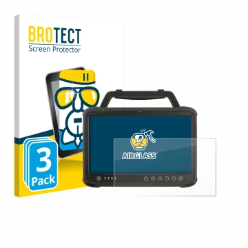 Front side of a product packaging with the brand logo BROTECT. Next to it is the device Winmate M133WK shown with the correspo