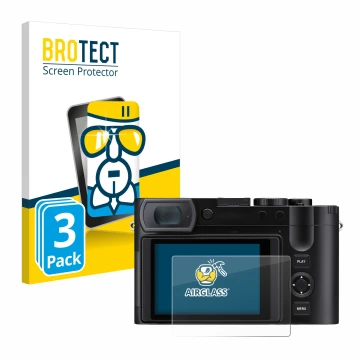 Front side of a product packaging with the brand logo BROTECT. Next to it is the device Leica Q3 43 shown with the correspondi