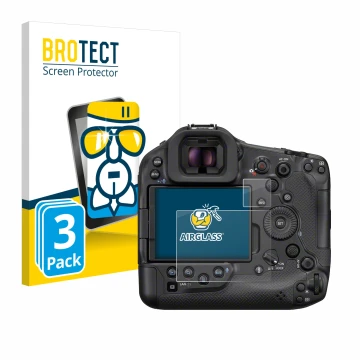 Front side of a product packaging with the brand logo BROTECT. Next to it is the device Canon EOS R1 shown with the correspond