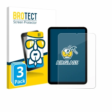 Front side of a product packaging with the brand logo BROTECT. Next to it is the device Apple iPad Mini 7 WiFi 2024 shown with