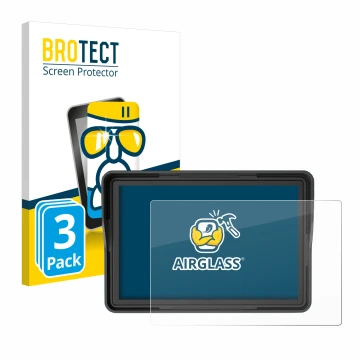 Front side of a product packaging with the brand logo BROTECT. Next to it is the device Essgoo Motorrad Carplay 5