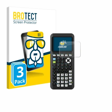 Front side of a product packaging with the brand logo BROTECT. Next to it is the device Texas Instruments TI-84 Plus CE-T Pyth