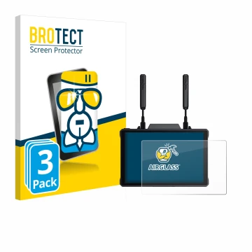 Front side of a product packaging with the brand logo BROTECT. Next to it is the device Hollyland Pyro 7 shown with the corres