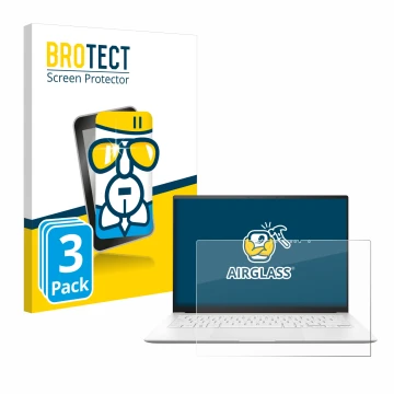 Front side of a product packaging with the brand logo BROTECT. Next to it is the device ASUS ZenBook S 14 UX5406 shown with th