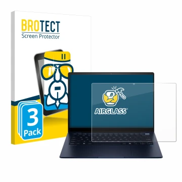 Front side of a product packaging with the brand logo BROTECT. Next to it is the device HP EliteBook Ultra 14 G1q shown with t