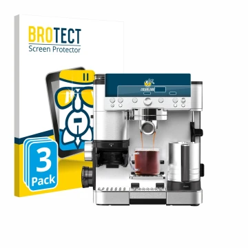 Front side of a product packaging with the brand logo BROTECT. Next to it is the device Ninja Luxe Cafe Premier ES601EU shown 