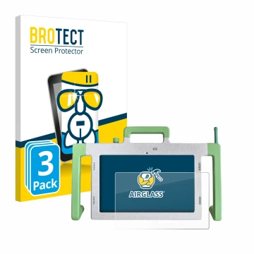 Front side of a product packaging with the brand logo BROTECT. Next to it is the device Telemarie Tablet 10.1