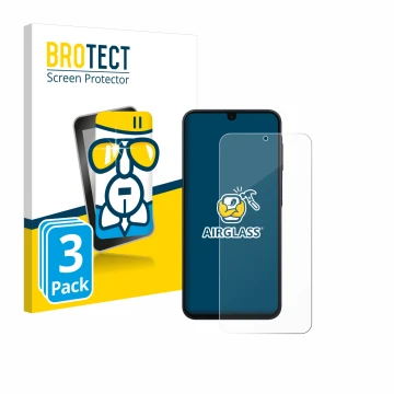 Front side of a product packaging with the brand logo BROTECT. Next to it is the device Samsung Galaxy A16 4G shown with the c