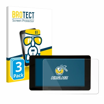 Front side of a product packaging with the brand logo BROTECT. Next to it is the device Raspberry Pi Touchscreen 2 (7