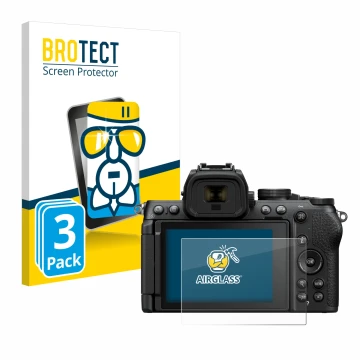 Front side of a product packaging with the brand logo BROTECT. Next to it is the device Nikon Z50 II shown with the correspond