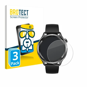 Front side of a product packaging with the brand logo BROTECT. Next to it is the device Xiaomi Watch S4 (47 mm) shown with the