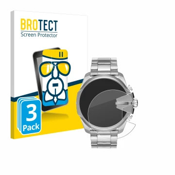 Front side of a product packaging with the brand logo BROTECT. Next to it is the device Diesel Mega Chief DZ4417 shown with th