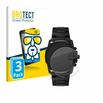 Front side of a product packaging with the brand logo BROTECT. Next to it is the device Diesel Master Chief DZ4180 shown with 