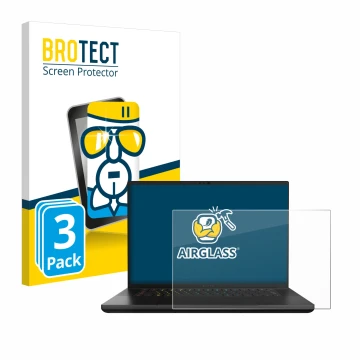 Front side of a product packaging with the brand logo BROTECT. Next to it is the device Razer Blade 16 2024 shown with the cor