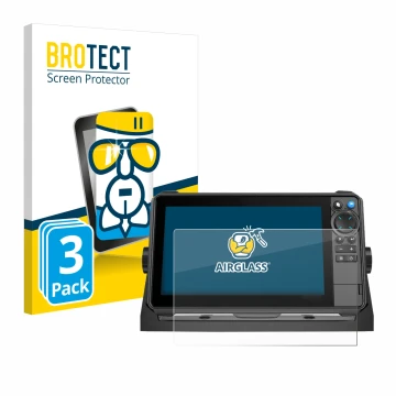 Front side of a product packaging with the brand logo BROTECT. Next to it is the device Lowrance HDS-9 Pro shown with the corr