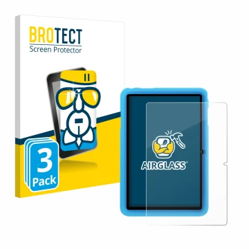 Front side of a product packaging with the brand logo BROTECT. Next to it is the device Blackview Tab 8 Kids shown with the co