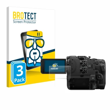 Front side of a product packaging with the brand logo BROTECT. Next to it is the device Canon EOS C400 shown with the correspo