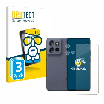Front side of a product packaging with the brand logo BROTECT. Next to it is the device Motorola Edge 50 Neo (Front+Camera) sh