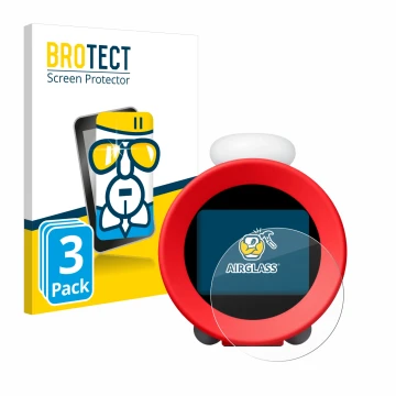 Front side of a product packaging with the brand logo BROTECT. Next to it is the device Nintendo Sound Clock Alarmo shown with