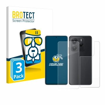 Front side of a product packaging with the brand logo BROTECT. Next to it is the device Xiaomi Redmi Note 14 (Front+Back) show