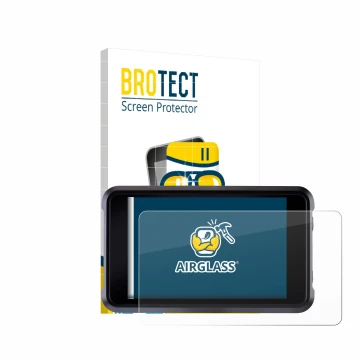 Front side of a product packaging with the brand logo BROTECT. Next to it is the device Atomos Shogun Classic shown with the c