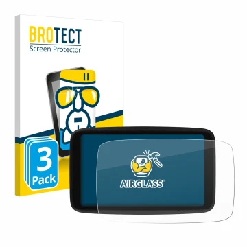 Front side of a product packaging with the brand logo BROTECT. Next to it is the device TomTom GO Advanced shown with the corr