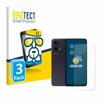 Front side of a product packaging with the brand logo BROTECT. Next to it is the device Motorola Moto G35 (Front+Camera) shown