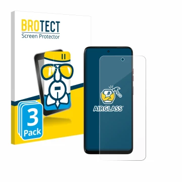 Front side of a product packaging with the brand logo BROTECT. Next to it is the device Motorola Moto G05 shown with the corre